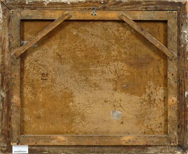 Pittore francese del XIX secolo, Veduta costiera con pescatori e capriccio architettonico, olio s...