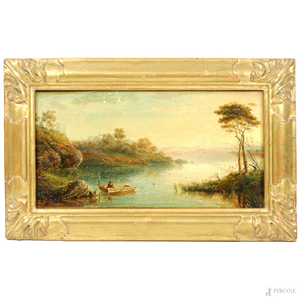 Paesaggio fluviale con pescatore, olio su tela, cm 20,5x41, fine XIX secolo, entro cornice