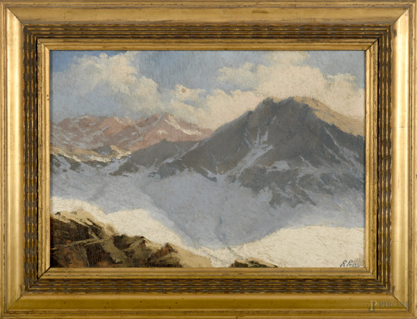 Coppia di paesaggi montani, XIX-XX secolo, olio su compensato, cm 32x42,5 e cm 32x41,5, uno dei due firmato in basso a destra, entro cornice