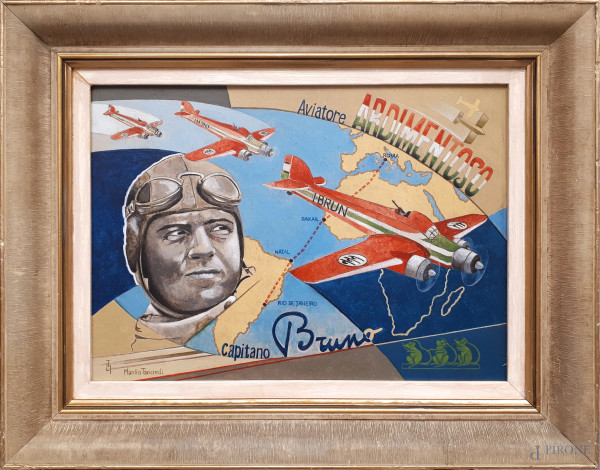 Manlio Tancredi (XX sec.) Capitano Bruno Mussolini aviatore ardimentoso, aeropittura a tecnica mista su tavola, cm 28x39, firmato in basso a sinistra. Al retro reca testo esplicativo dell’opera redatto dall’Autore su foglio dattiloscritto