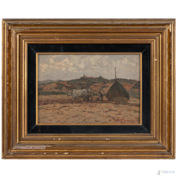 Campagna toscana, olio su compensato, cm 18x26, firmato e datato "33" in basso a destra, entro cornice