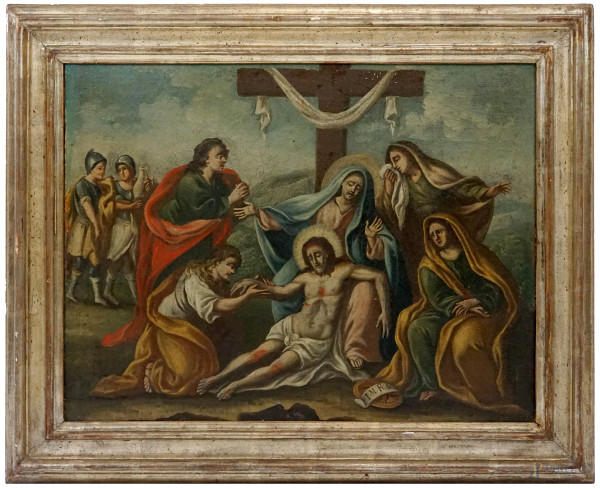 Pittore del XVII secolo, Compianto sul Cristo morto, olio su tela, cm 50,5x63,5,  entro cornice, (lievi difetti).