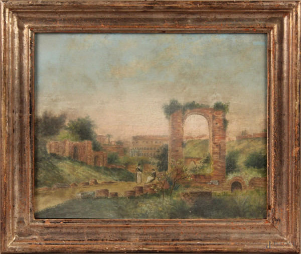 Scorcio di Roma con figure, acquarello su carta, 32x39 cm, entro cornice.