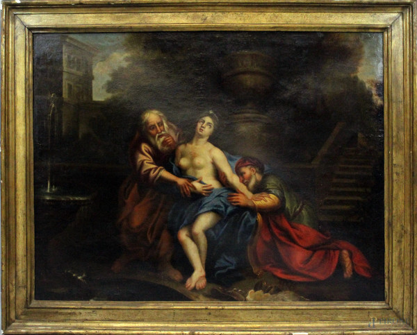 Susanna e i vecchioni, olio su tela, cm 75,5x96,5, fine XVIII secolo, entro cornice