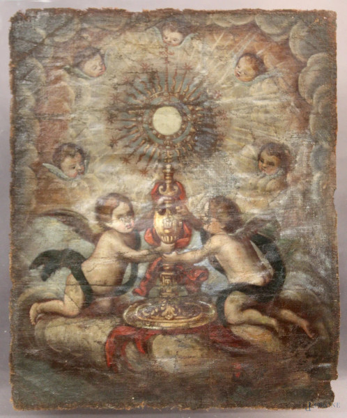 Stendardo da parata, olio su tela raffigurante Madonna del Rosario con bambinello, sul retro rappresentazione dell&#39;Ostensorio sorretto da coro di angeli, Spagna, XVIII sec., cm 40 x 50.