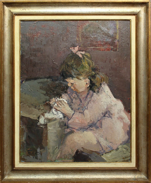 Francesco Bausi - Interno con bambina, dipinto ad olio su tavola, cm 70 x 54, entro cornice.