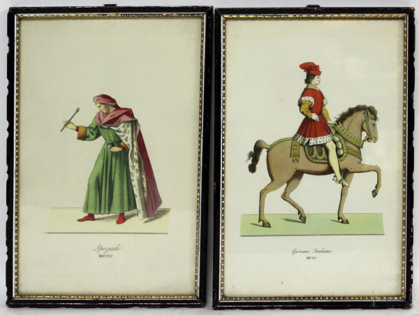 Personaggi medievali, coppia stampe, cm. 26x17, entro cornice.