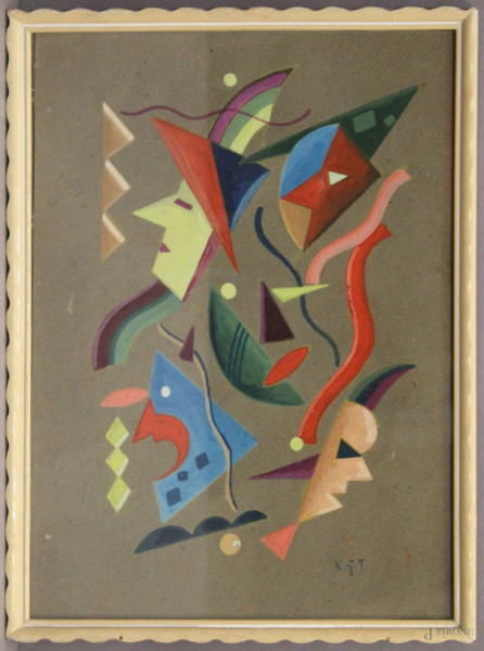 Maschere futuriste, tecnica mista su cartoncino, 28x21 cm, entro cornice siglato