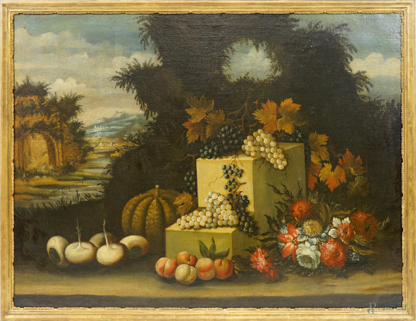 Scuola emiliana del XVIII secolo, Natura morta di frutta entro un paesaggio, cm 89,5x117,5, entro cornice