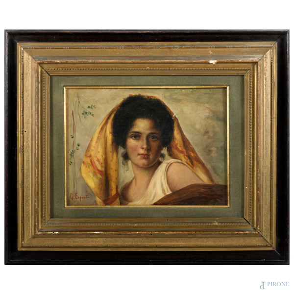 Ritratto di fanciulla, XX secolo, olio su tela, cm 23x31,5, firmato in basso a sinistra, entro cornice, (lievi sollevamenti di colore, segni di battitura del telaio, piccola caduta di colore)