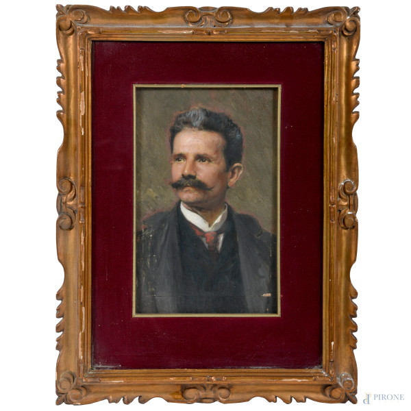 Ritratto di gentiluomo, stampa su carta ritoccata e applicata su compensato, cm 28x17, entro cornice, (difetti, graffi, segni di usura)