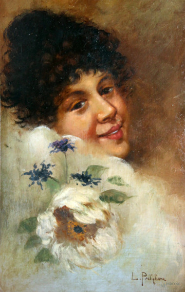 Ritratto di ragazza con fiore, olio su cartone cm 34x22, entro cornice firmato.