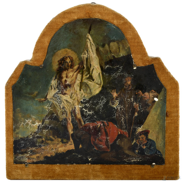Resurrezione, olio su tavola sagomata, cm 24x25, (difetti e cadute di colore)