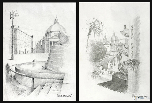 Artista del Novecento, due disegni anni '50 raffiguranti vedute di Roma, matita su carta, ciascuno cm 32x23, firmati e datati