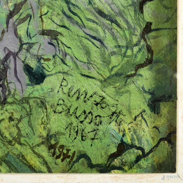 Renzo Bussotti, Scorcio di paese, olio su tela applicata su faesite, cm 60,5x85,5, firmato e data...