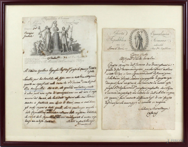 Due lettere manoscritte, epoca Repubblica Romana (1798-1799), cm 38,5x49,5, entro cornice