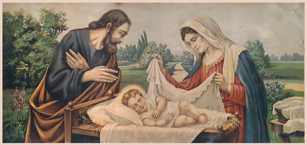 Sacra Famiglia, antica cromolitografia su carta, cm 37x79