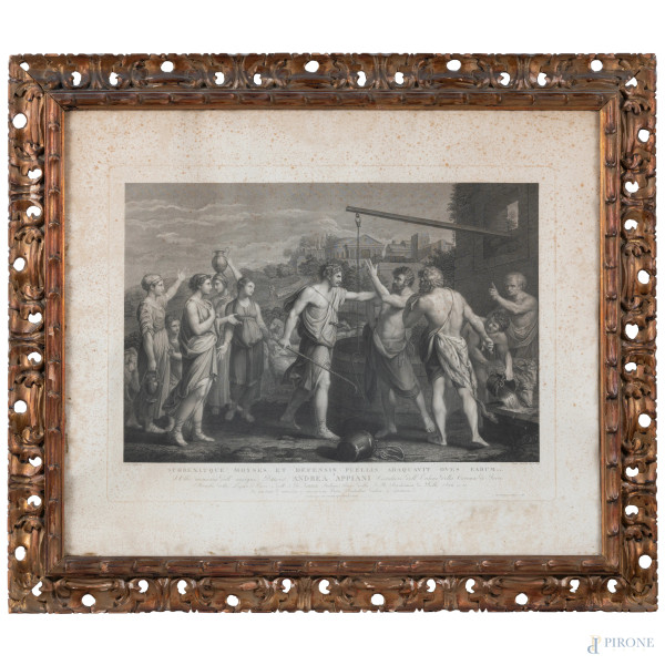 Incisione da Nicolas Poussin, Surrexitque Moyses et Defensis Puellis [...], XIX secolo, cm 68x83, entro cornice, (tracce di umidità, foxing, gore, bruniture, ondulazioni della carta)