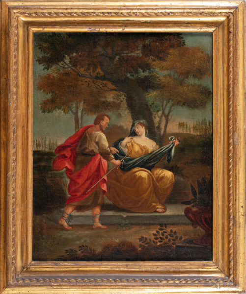 Scena pastorale, XVIII-XIX secolo, cm 47x37, entro cornice, (lievi segni di usura, craquelure)
