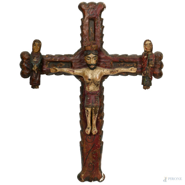 Crocifisso in legno intagliato e dipinto, XIX-XX secolo, cm 106x84x12, (segni di usura, scalfiture, cadute di colore)
