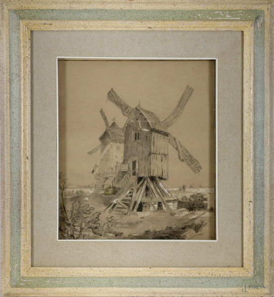 Mulini a vento, 1885, grafite su carta, cm 38x32 entro cornice, firmato in basso a destra "May Dixon 1883" (difetti)