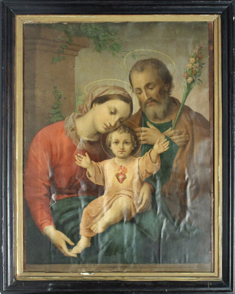 Sacra Famiglia, oleografia su carta riportata su tela dell&#39;Ottocento, cm 70 x 53, entro cornice.