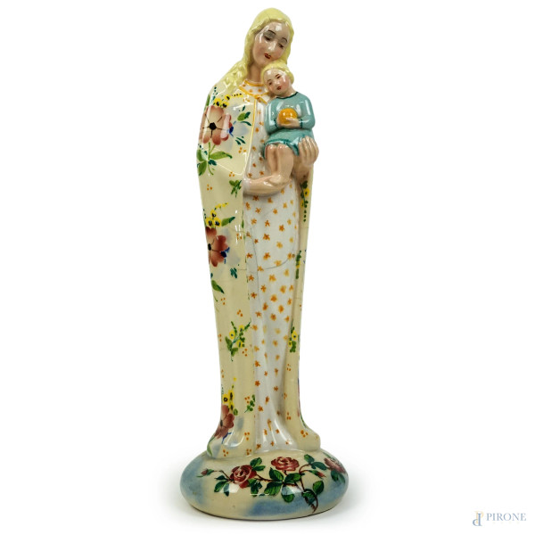 Madonna col Bambino, scultura in porcellana policroma, XX secolo, cm h 43,5, (lievi difetti, filature)