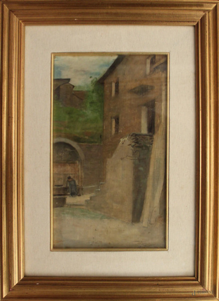 Adolfo Tommasi - Esterno con lavandaia, olio su tela riportata su tavola, cm 32 x 20, entro cornice.