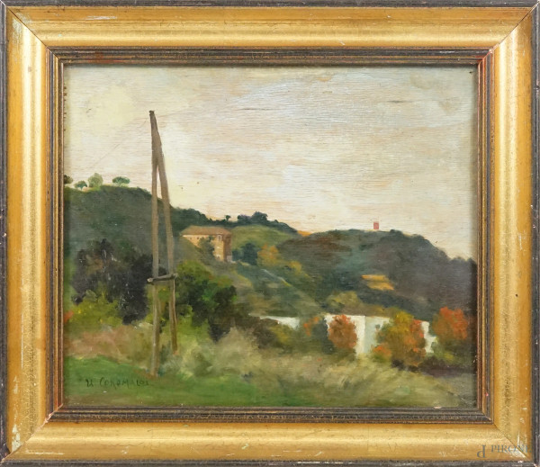 Paesaggio con case, olio su compensato, firmato, cm 24,5x29,5, entro cornice