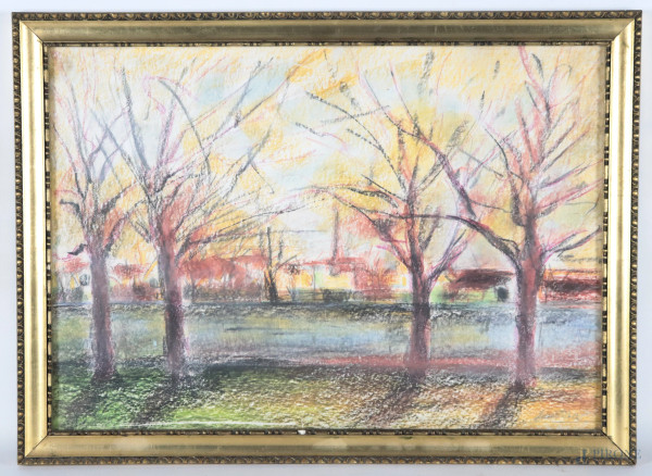 Lungo il fiume, XX secolo, pastello su carta, cm 35x50, firmato in basso a destra, entro cornice, (segni di usura, ondulazioni della carta)