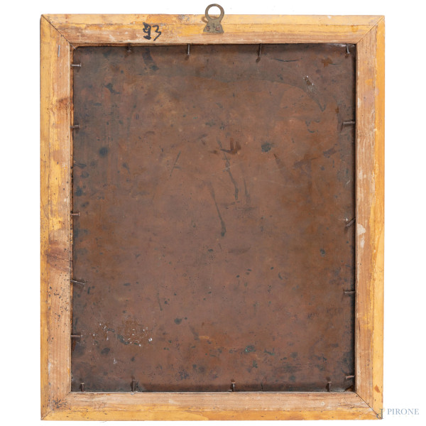 Crocifissione, XVIII secolo, olio su rame, cm 33x27, entro cornice, (ondulazione del supporto, se...