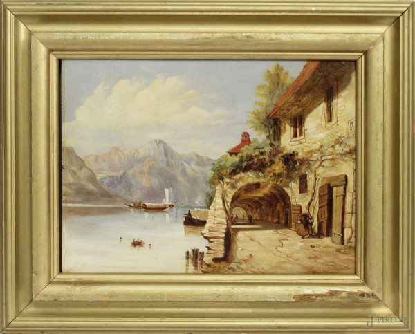 Scorcio di lago di Como, dipinto ad olio su cartoncino firmato Calvi, cm 27 x 37, entro cornice.