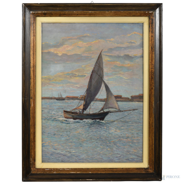 Guido Bartoli, Barca a vela, olio su tela, cm 65,5x55,5, entro cornice