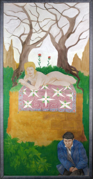 Nudo di donna con alberi e rose, tecnica mista su carta, cm. 199x94