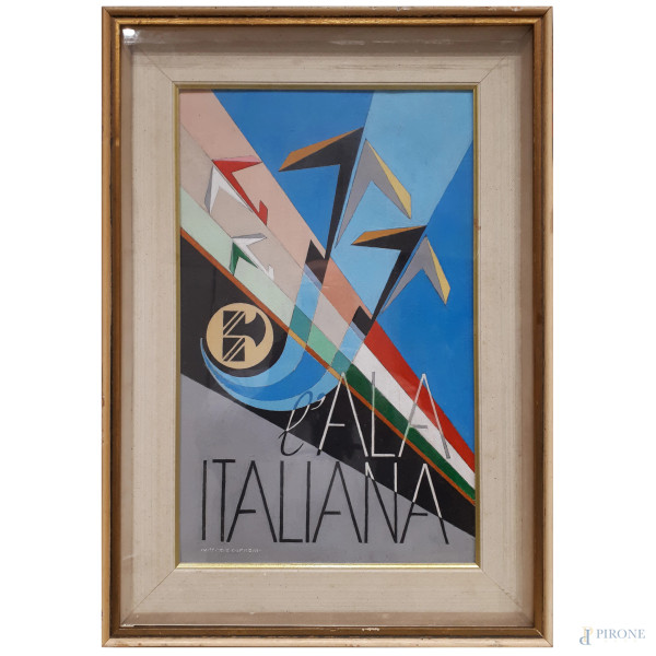 Vittorio Caproni (XX sec.), L’Ala Italiana, aeropittura a tecnica mista su tavola, cm 40x25, firmato in basso a sinistra, timbro e firma dell’Artista al retro