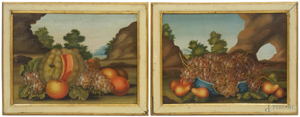 Francesco Malagoli (Modena, ? - documentato nel 1779), Coppia di nature morte raffiguranti uva, melone e arance entro un paesaggio; uva e pere entro un paesaggio, olio su tela, cm 39x53, entro cornice