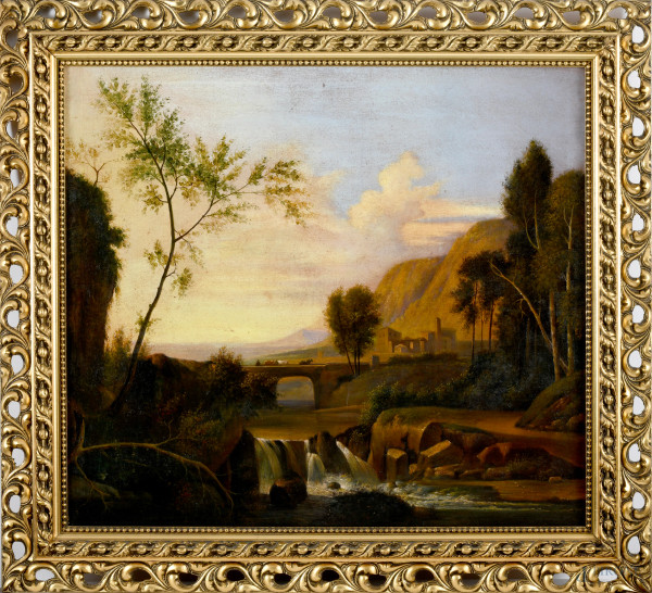 Ponte sul fiume, stampa ritoccata  su tela, XX secolo, cm 70x79, entro cornice