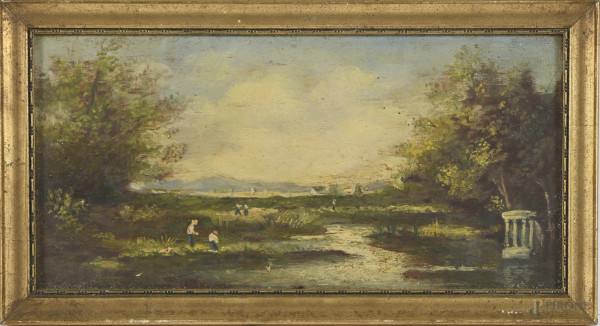 Palude, XX-XX secolo, olio su tavoletta, cm 13x26,5, entro cornice, (segni di usura del tempo)