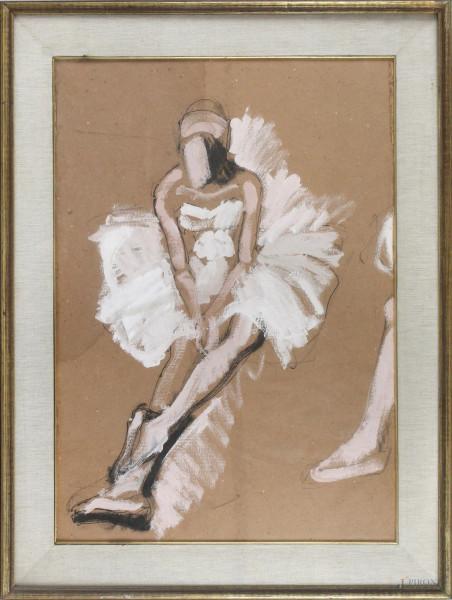 Ballerina, tecnica mista su cartone, cm 70x49, XX secolo, entro cornice