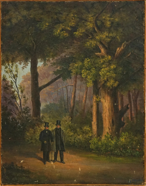 A passeggio nel bosco, olio su tela, cm 48x37, firmato e datato, entro cornice.