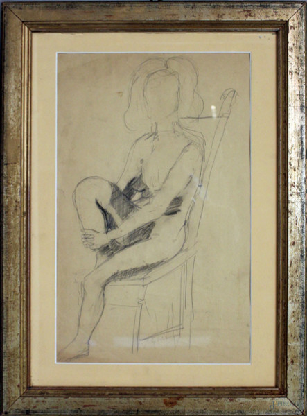 Figura di donna, disegno a matita, 48x30 cm, entro cornice.