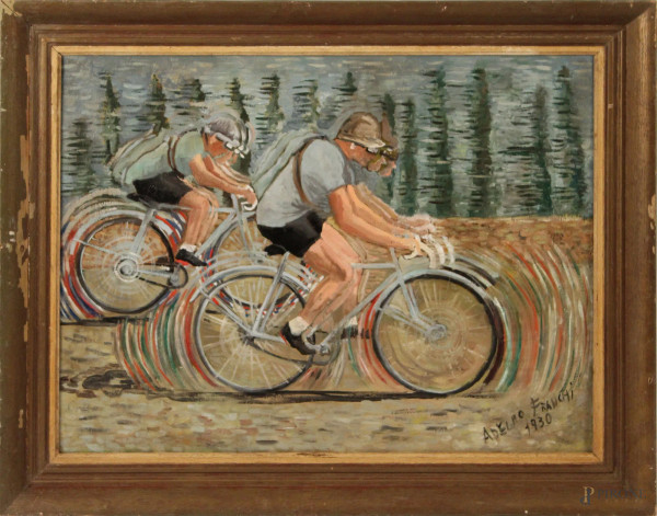 Adelmo Franchi - Ciclisti, olio su tela, 70x54 cm, entro cornice datato 1930