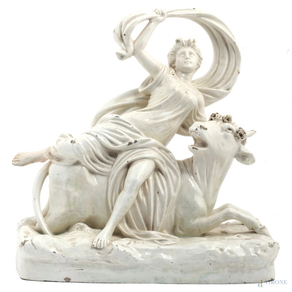Scultura in terraglia dipinta e smaltata raffigurante Europa e il Toro, XIX secolo, cm 31x31x14, timbro al lato (felature, scalfiture, difetti, restauri)