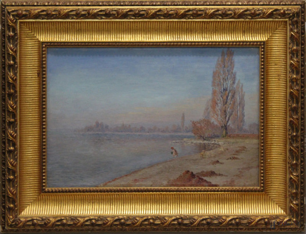 Scorcio di lago con figura, olio su tela, 50x35 cm, entro cornice firmato Crema