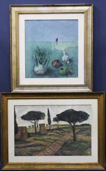 Lotto di due dipinti raffiguranti Via Appia e paesaggio con figure e ortaggi ad olio su tela 50x70 - 50x45 cm, entro cornici firmati