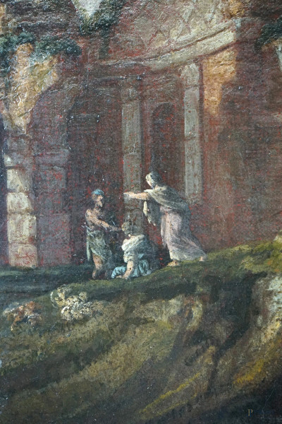 Pittore del XVIII secolo, Paesaggio con rovine architettoniche e figure, olio su tela, cm 48,5x33...