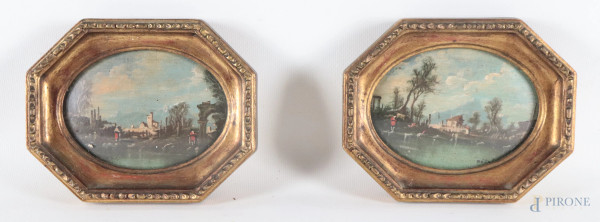 Lotto di due piccoli dipinti  ad olio su tela a serto ovale applicata su cartoncino raffiguranti paesaggi con personaggi, XIX-XX secolo, cm 8x11, firmati in basso, entro cornice, (segni di usura)