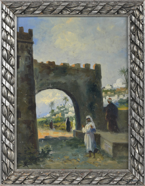 Scorcio di città araba, XX secolo, olio su compensato, cm 40,5x29,5, siglato in basso a sinistra, entro cornice, (lievi abrasioni)
