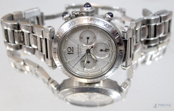 Cartier Pasha, orologio da polso, cassa e bracciale in acciaio, quadrante color crema, funzione cronografo a tre contatori, anni &#39;90 circa.