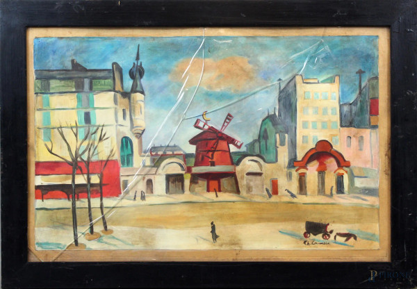 Le Moulin rouge, olio su carta, cm. 31x50, firmato, entro cornice.